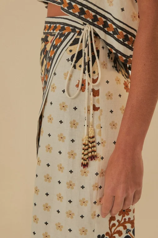  FLOWER FAN TAPESTRY OFF-WHITE WRAP MIDI SKIRT