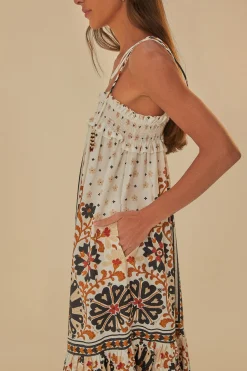  FLOWER FAN TAPESTRY OFF-WHITE MIDI DRESS