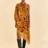  GOLDEN YELLOW VELVET ONE SHOULDER FRINGE DRESS