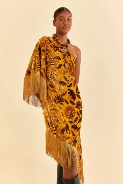  GOLDEN YELLOW VELVET ONE SHOULDER FRINGE DRESS