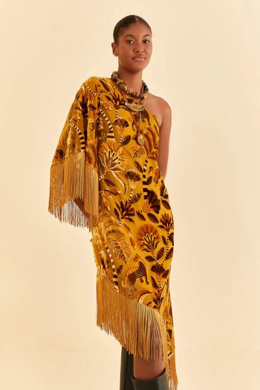  GOLDEN YELLOW VELVET ONE SHOULDER FRINGE DRESS