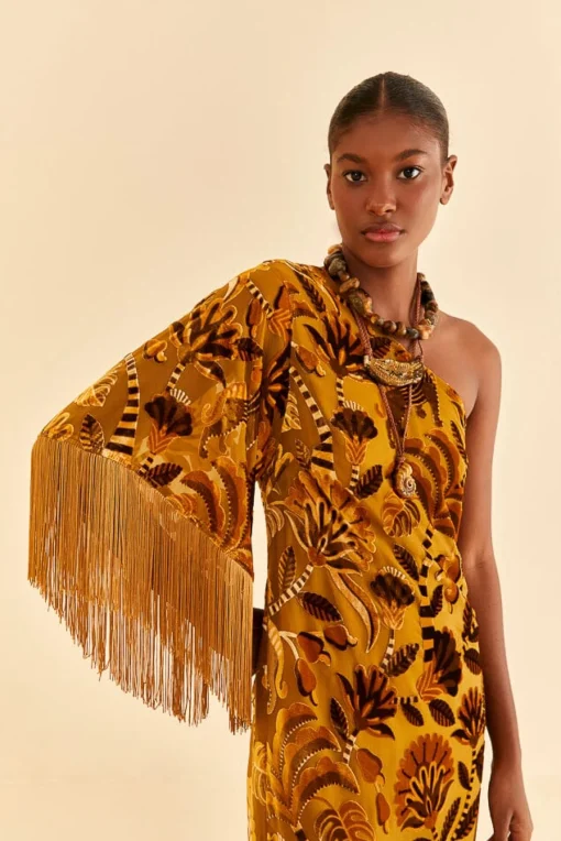  GOLDEN YELLOW VELVET ONE SHOULDER FRINGE DRESS