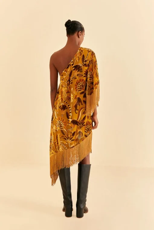  GOLDEN YELLOW VELVET ONE SHOULDER FRINGE DRESS