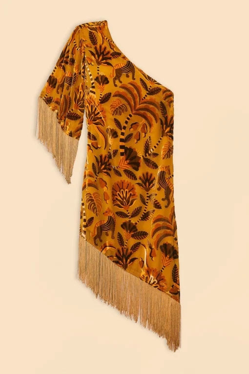  GOLDEN YELLOW VELVET ONE SHOULDER FRINGE DRESS