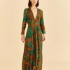  GREEN ARTSY LEOPARDS LONG SLEEVE MAXI DRESS