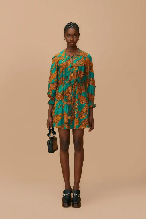  GREEN ARTSY LEOPARDS LONG SLEEVE MINI DRESS
