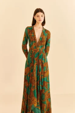  GREEN ARTSY LEOPARDS LONG SLEEVE MAXI DRESS
