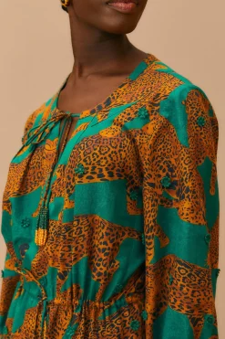  GREEN ARTSY LEOPARDS LONG SLEEVE MINI DRESS