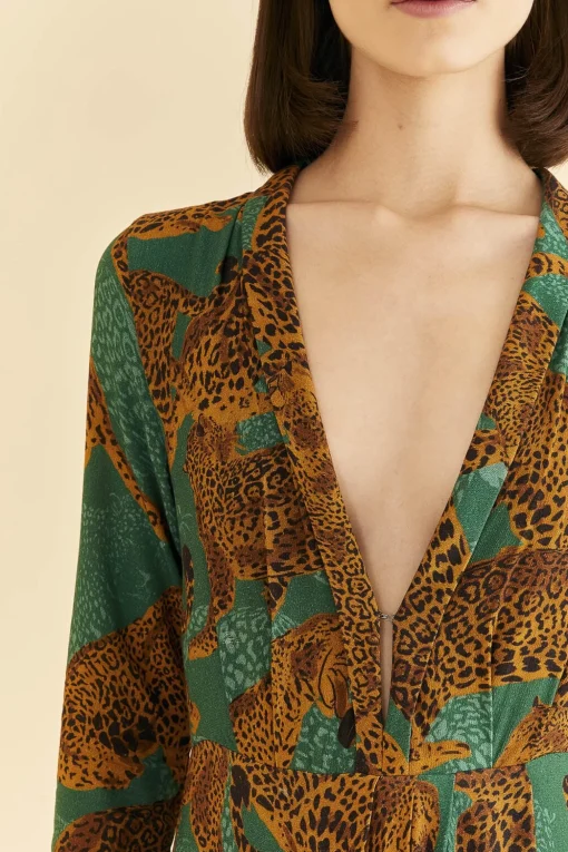  GREEN ARTSY LEOPARDS LONG SLEEVE MAXI DRESS