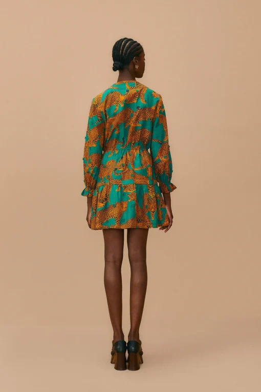 GREEN ARTSY LEOPARDS LONG SLEEVE MINI DRESS