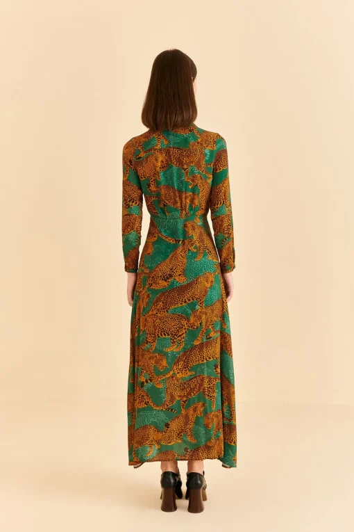  GREEN ARTSY LEOPARDS LONG SLEEVE MAXI DRESS