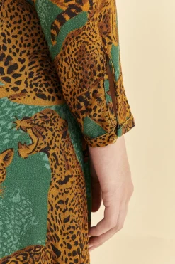  GREEN ARTSY LEOPARDS LONG SLEEVE MAXI DRESS