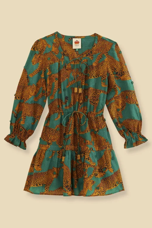  GREEN ARTSY LEOPARDS LONG SLEEVE MINI DRESS