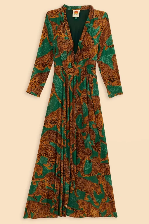  GREEN ARTSY LEOPARDS LONG SLEEVE MAXI DRESS