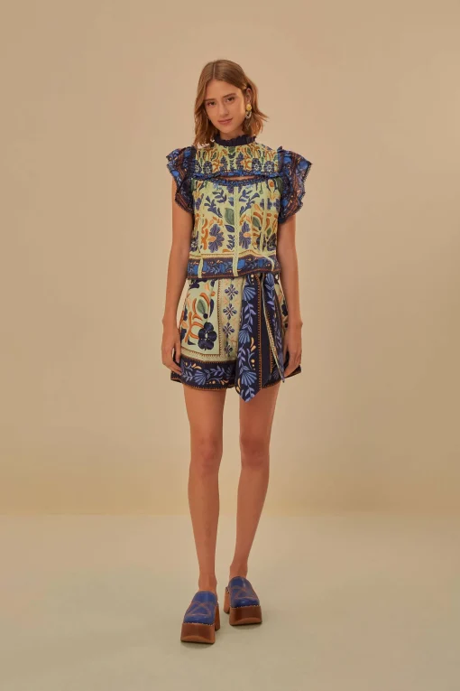  GREEN OCEAN TAPESTRY BELTED SHORT