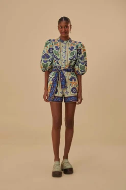  GREEN OCEAN TAPESTRY BELTED ROMPER