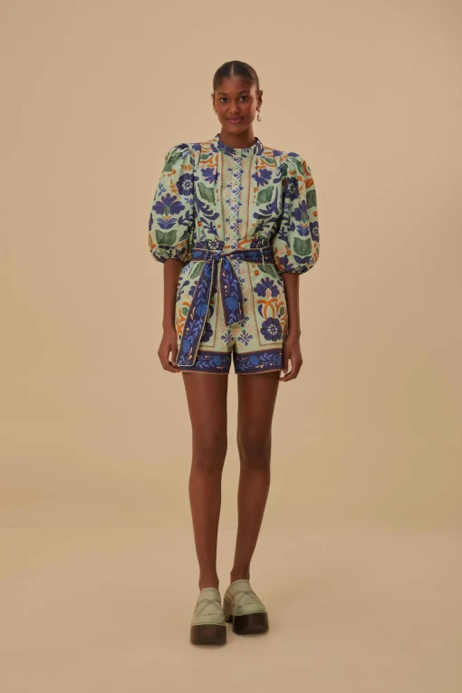  GREEN OCEAN TAPESTRY BELTED ROMPER