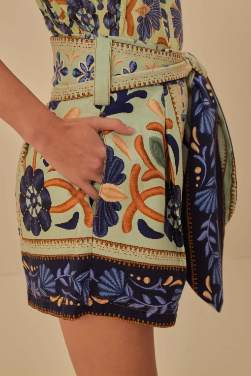  GREEN OCEAN TAPESTRY BELTED SHORT