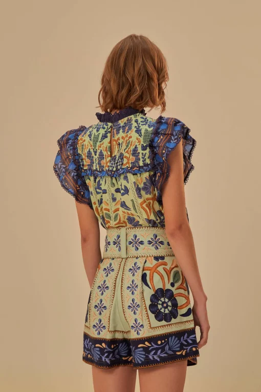  GREEN OCEAN TAPESTRY BELTED SHORT