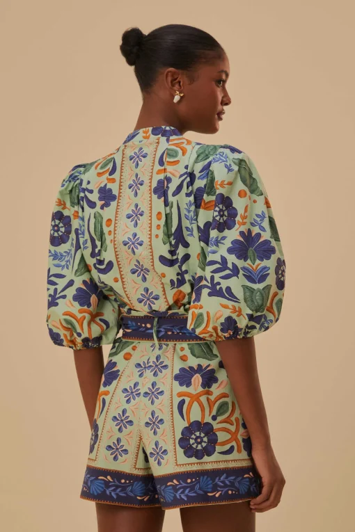  GREEN OCEAN TAPESTRY BELTED ROMPER