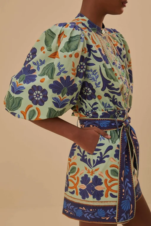  GREEN OCEAN TAPESTRY BELTED ROMPER