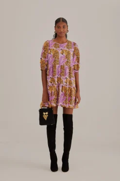  LAVENDER TIGER LEAVES PUFF SLEEVE MINI DRESS