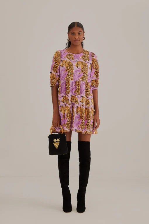  LAVENDER TIGER LEAVES PUFF SLEEVE MINI DRESS