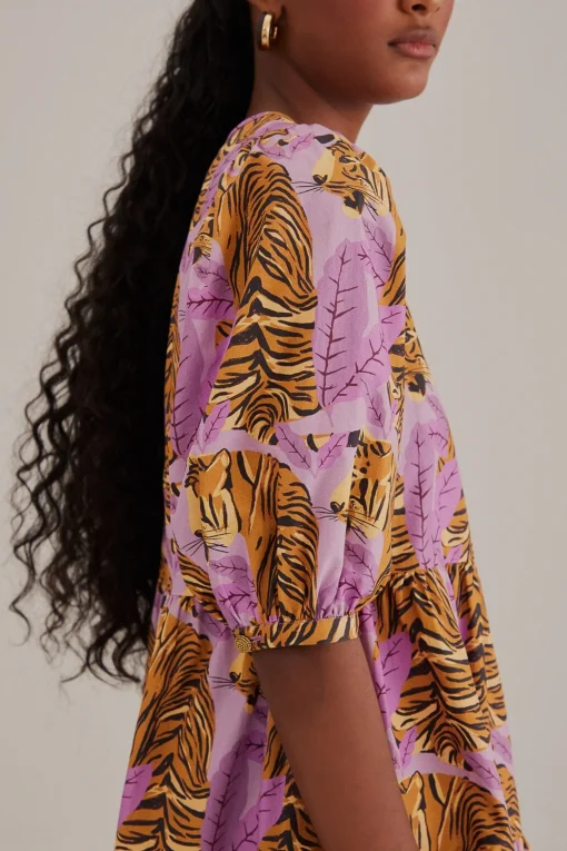  LAVENDER TIGER LEAVES PUFF SLEEVE MINI DRESS