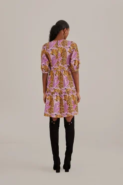 LAVENDER TIGER LEAVES PUFF SLEEVE MINI DRESS