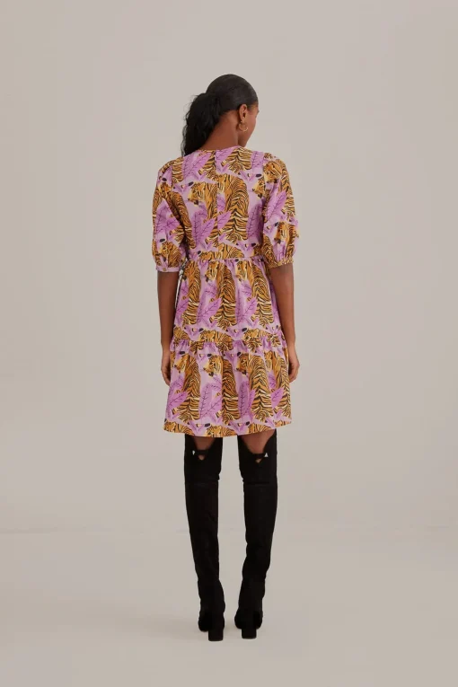  LAVENDER TIGER LEAVES PUFF SLEEVE MINI DRESS