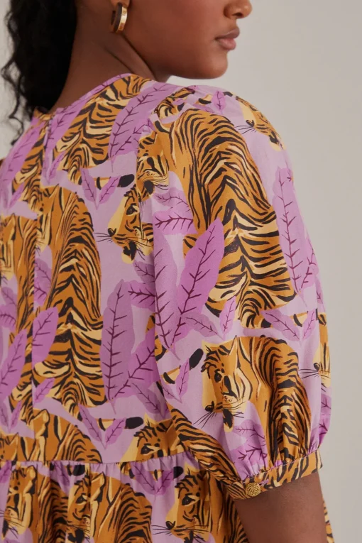  LAVENDER TIGER LEAVES PUFF SLEEVE MINI DRESS