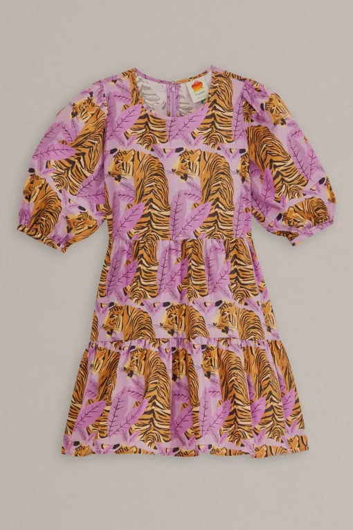  LAVENDER TIGER LEAVES PUFF SLEEVE MINI DRESS