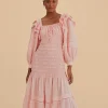  LIGHT PINK LONG SLEEVE SMOCKED MIDI DRESS