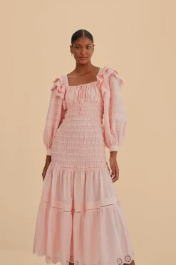  LIGHT PINK LONG SLEEVE SMOCKED MIDI DRESS