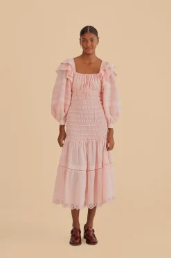  LIGHT PINK LONG SLEEVE SMOCKED MIDI DRESS