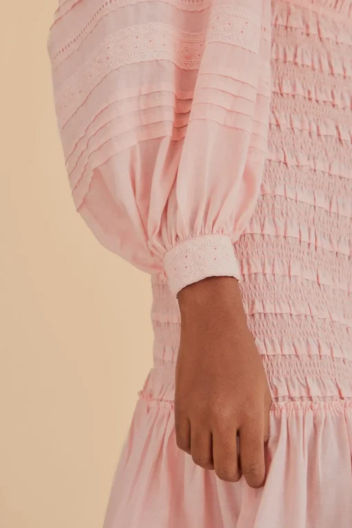 LIGHT PINK LONG SLEEVE SMOCKED MIDI DRESS