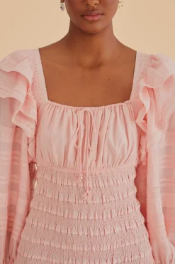  LIGHT PINK LONG SLEEVE SMOCKED MIDI DRESS