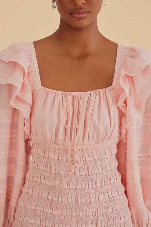  LIGHT PINK LONG SLEEVE SMOCKED MIDI DRESS
