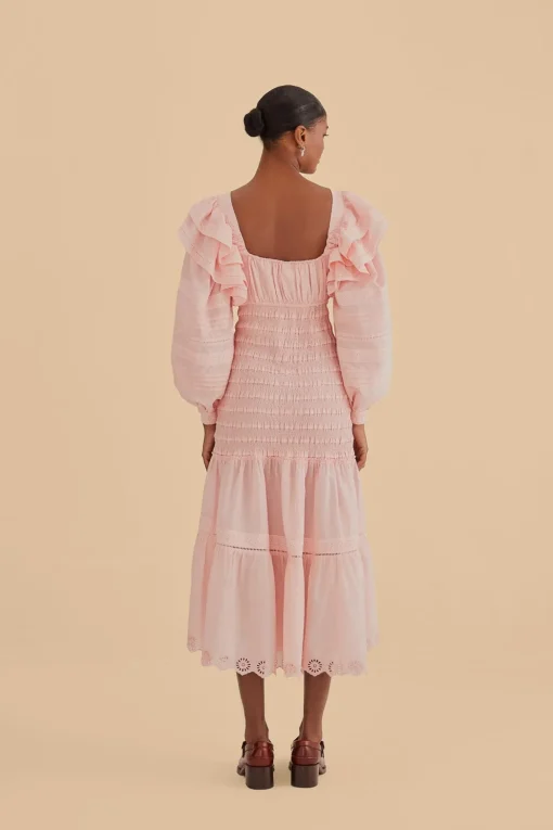  LIGHT PINK LONG SLEEVE SMOCKED MIDI DRESS