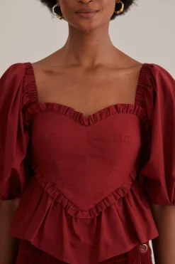  MARSALA HEART SHAPED PUFF SLEEVE BLOUSE