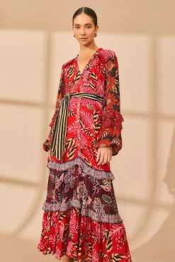  MIXED FLORAL PRINTS LONG SLEEVE MAXI DRESS