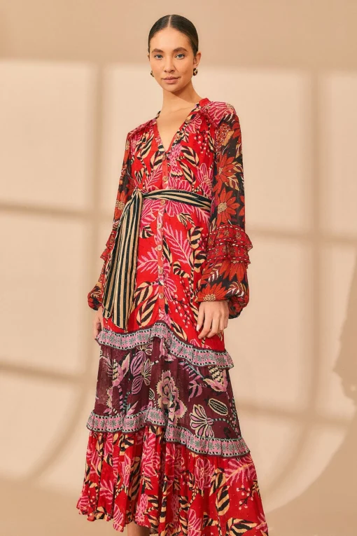  MIXED FLORAL PRINTS LONG SLEEVE MAXI DRESS