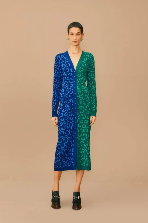  MIXED LEOPARDS KNIT MIDI CARDIGAN DRESS