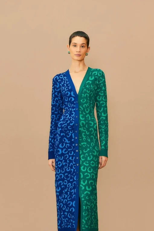  MIXED LEOPARDS KNIT MIDI CARDIGAN DRESS