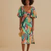  MULTICOLOR BANANA FOLIAGE PUFF SLEEVE MIDI DRESS