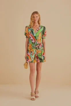  MULTICOLOR BANANA FOLIAGE SHORT SLEEVE MINI DRESS