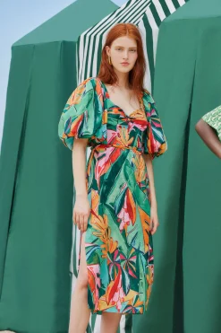  MULTICOLOR BANANA FOLIAGE PUFF SLEEVE MIDI DRESS