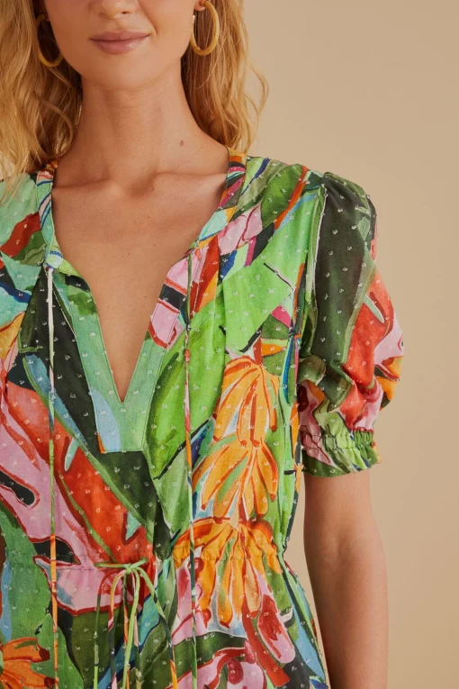  MULTICOLOR BANANA FOLIAGE SHORT SLEEVE MINI DRESS