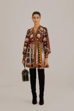  MULTICOLOR TAPESTRY GARDEN V NECK MINI DRESS
