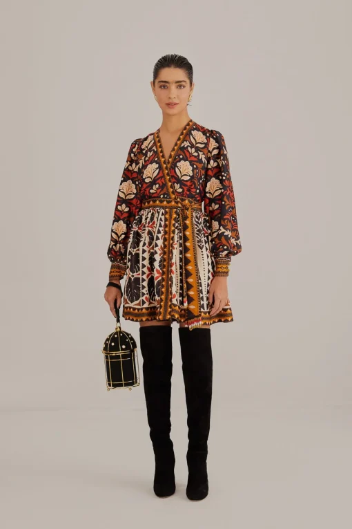  MULTICOLOR TAPESTRY GARDEN V NECK MINI DRESS